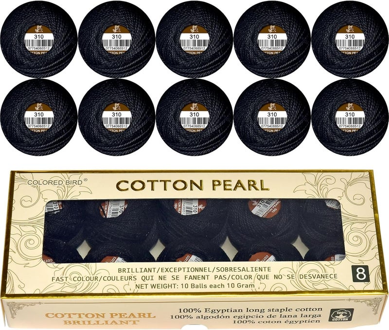 colored bird Double Mercerized Egyptian Long Staple Cotton Pearl Thread Ball 10 Grams Rainbow Color Embroidery Thread 10 Balls per Box for Crochet Hardanger Cross Stitch Hand Embroidery,Black - Image 1
